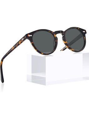 Women's Tortoise Grey Vintage Round Acetate Polarized Sunglasses UV Protection